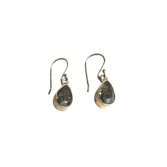 Rare Pear Cut Black Rutilated Tourmalinated Quartz Sterling Silver Earrings 925 - Picture 1 of 2